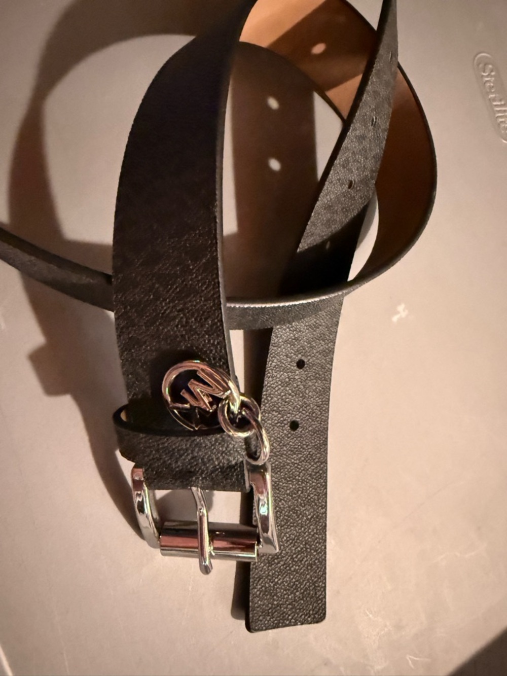 Michael Kors Black Leather Belt with Logo Charm
